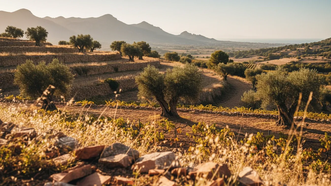 mallorca red wines — Mallorca vineyard limestone terraces at golden hour, warm Mediterranean light, dry grasses, distant Tramuntana hills, calm reflective mood, gentle sea haze