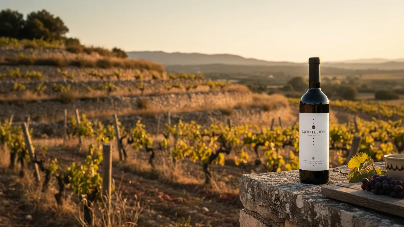 mallorca wine history — Sun-warmed limestone vineyard terraces in Mallorca, archival stone walls, soft amber evening light, quiet reflective mood, dry grasses and distant hills.