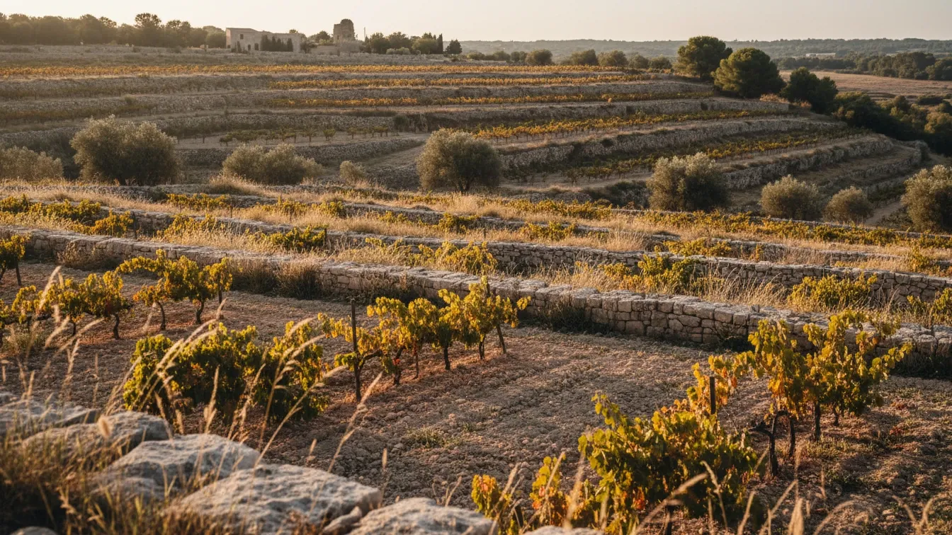sustainable wineries — Sunlit Mallorcan limestone vineyard terraces, dry Mediterranean soil, native grasses, soft golden light, quiet sustainable atmosphere, distant stone walls and olive leaves.